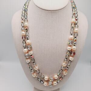 Czech Fire Polished Glass & Faux Pearl Two Strand Necklace 22 Inch Gold Tone